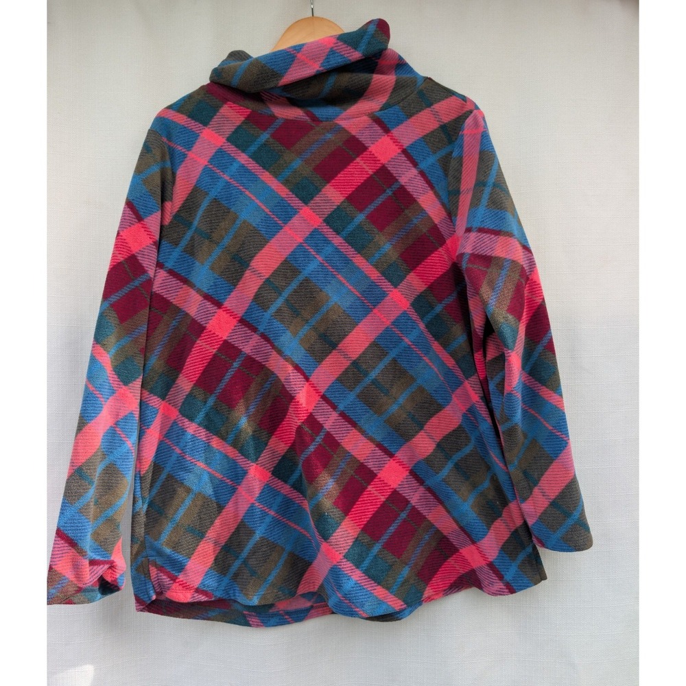 Talbots Fleece Pullover Womens 1X Pink Blue Plaid Cowl Neck Funnel Top Sweater